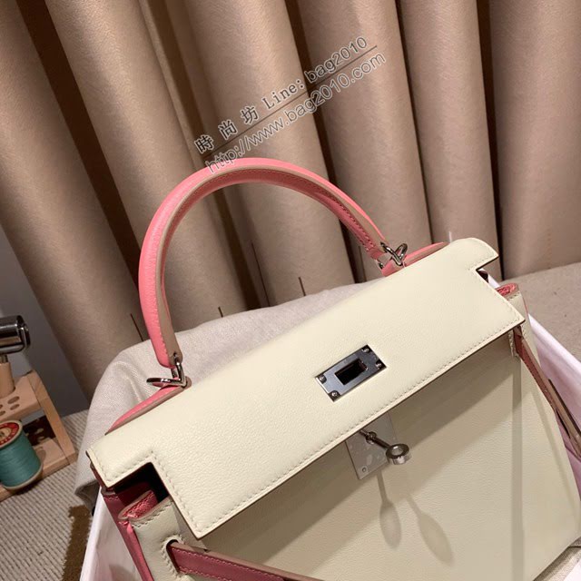Hermes女包 愛馬仕經典款kelly包 swift皮 奶昔白拼櫻花粉 銀扣 kelly拼色手提女包  am2054